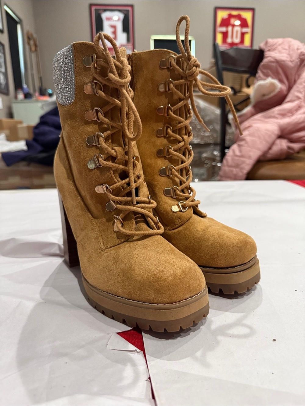 Madden Girl Tan Lace-Up Platform Ankle Boots with Rhinestone Collar
